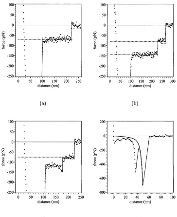 Figure 4.14: Force versus distance for PEO in aqueous 0.25 M KNO3 solution at 22°C. (a) A force profile shows a single Plateau event with a mean force of 70 pN which detaches by a dotted line and have a fixed slope taken to be the spring constant of 0.062 