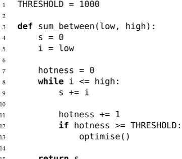 Figure 2.1: Optimisation of a hot loop. Lines 11–13 emulate the counter-based proﬁling1000th iteration