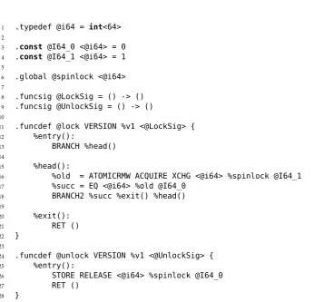 Figure 5.4: Implementing spin lock using atomic operations in the Mu memory model. The@lock and the @unlock function uses atomic operations to acquire and release the spin lockrepresented as a shared variable @spinlock.