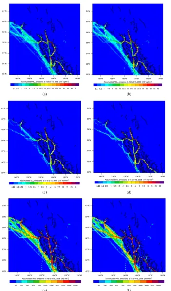 Figure 2. Spatial distribution of tourist-season accumulated cruise-ship emissions in Glacier Bay as obtained from ((a), (c), (e)) REF, and ((b), (d), (f)) QTA for (a), (b) PM10, (c), (d) SO2, and (e), (f) NOx