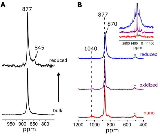 Fig. 5. Solid state NMR spectra of reduced ceria in comparison with bulk and nanosized 