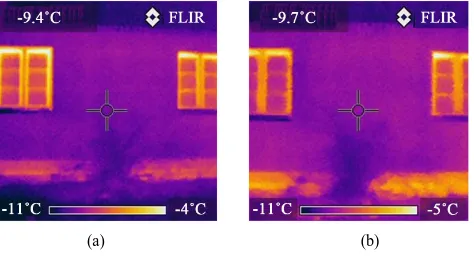 Figure 9. Thermograms of the house (a) before turning off heating; (b) the next day after turning off heating