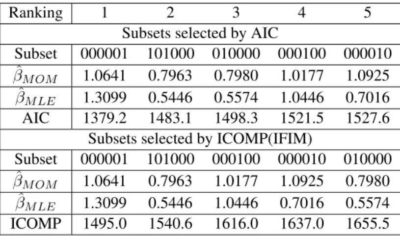 Table 6: Top 5 ranking subsets selected under Type I MVPER Model.