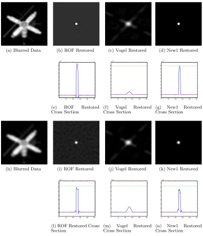 Figure 10: Result Set 7 - Restoring Bl1 (1st and 2nd rows) and Bl2 (3rd and 4th rows) corrupted byIm1 restored using TV restoration (ROF), Vogel’s model (Vogel) and the transform model (New1).In the cross-section images, the blue line is the restored image