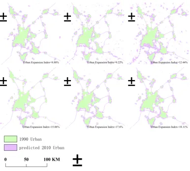 Figure 7(c). Imagery metrics for Model PBF Response in difference form. Urban Area percent Index indicates the urban proportion in 2010 predicted imagery