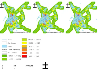 Figure 7(d). Imagery metrics for Model PBF Response in difference form. Correlationship between Existed Road & Simulated Urban Imagery Index indicates the Correlation between road buffer in 1990 with urban in 2010 predicted imagery