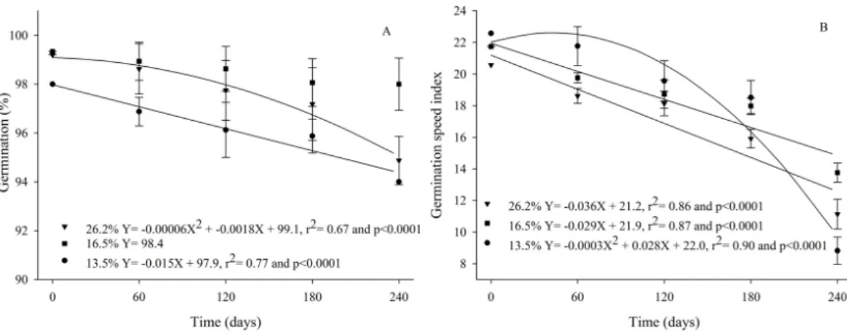 Fig. 4: Germination (A) and germination speed index (B) of bean seeds, BRS Campeiro cultivar, harvested with different moisture contents (26.2, 16.5 and 13.5 %) and submitted to hermetic and conventional storage; data source Erechim, 2016.