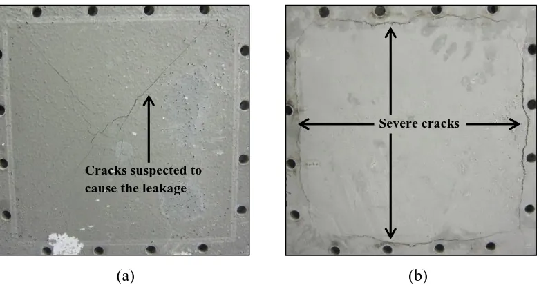 Figure 3.13: Slab loaded at 50 psi showing cracks (a) at the centre of the bottom face; (b) 