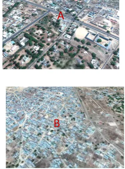 Fig 2.0 Satellite Imagery of sections of  Minna town A-Planned settlement, B-unplanned settlements (Source: Google earth 2013) 