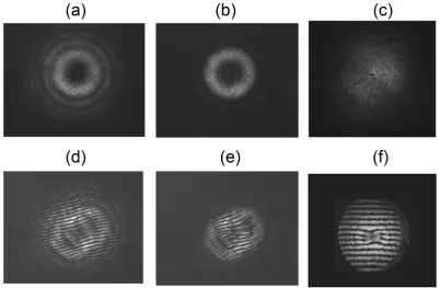 Figure 1. Beam modes (a-c) and corresponding shear interferograms (d-f) of vortex beams generatedusing phase modulation only (a,c), phase and amplitude modulation (b); and far-ﬁeld (a,b) andnear-ﬁeld imaging (c)