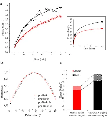 Figure 5. GC-SPR biosensing enhancement upon Polar and Azimuthal angles optimization. Biotin-SH functionalization shows higher phase shift for optimized polar incidence in the first hour of the experiment (a) and after several hours when the functionalizat