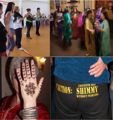 Figure 2: Globalised belly dance at Oasis Dance Camp. Clockwise from left: dancers dressed for  