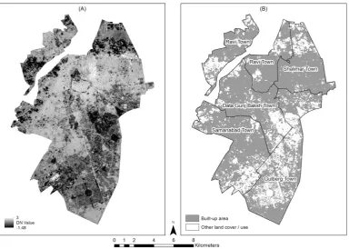 Figure 8. Map showing (A) a continuous image of built-up areas derived by BAEM, and (B) 