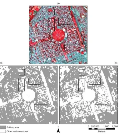 Figure 9. Comparison of the results from the NDBI approach and BAEM at a sample location (A) OLI image in false-color composite, (B) output from NDBI approach and (C) output from BAEM