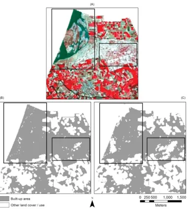 Figure 10. (A) OLI image in false-color composite, (B) output from NDBI approach and (C) output from BAEM