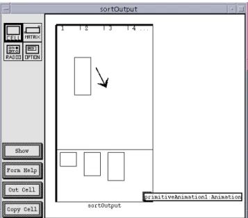 Figure  6:  Animation  of  a  selection  sort.  The  arrow  is superimposed  on  the  screen  shot  to  show  the  direction  of motion