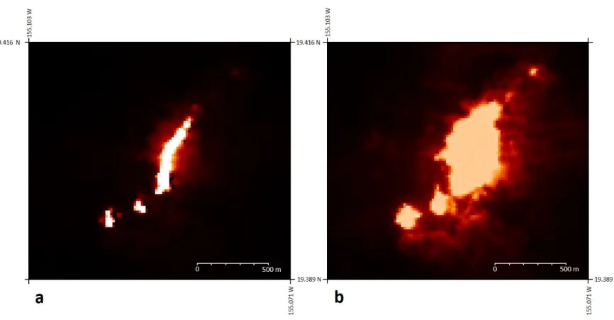 Figure 8. The pixel integrated temperature that would be detected by ASTER’s SWIR bands on viewing the modelled surface of Figure 7