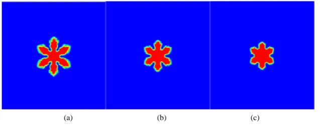 Figure 1. Crystal growth at (a) τ =0.0003; (b) τ =0.0004; and (c) τ =0.0005.     