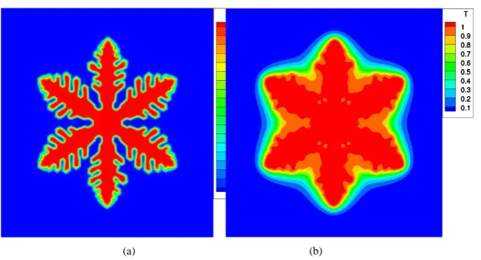 Figure 7. Dendritic growth for anisotropy a0 =8. (a) (phase-field distribution); (b) (temper- ature distribution)