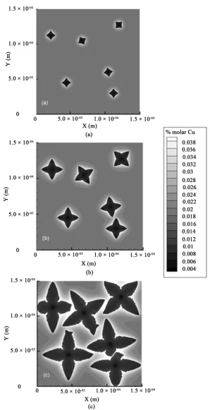 Figure 7. Simulation of the multiple dendrite growth of Al-Cu binary alloy under cooling rate of 0.005 K/s