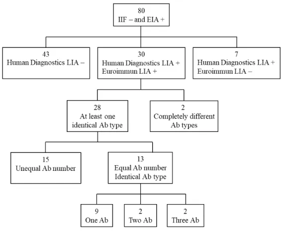 Fig 1. Overview of LIA results of 80 sera negative for ANA by IIF, but positive for ANA by EIA.