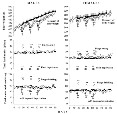 Figure 1. Body weight, total food intake and total water intake of males and females, during 84 days, white circles represents experimental subjects during free access, gray circles represents experimental subjects dur-ing deprivation period and black circ