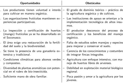 Cuadro 3: Oportunidades y obst´ aculos para la fruticultura del Soconusco, Chiapas; M´ exico.