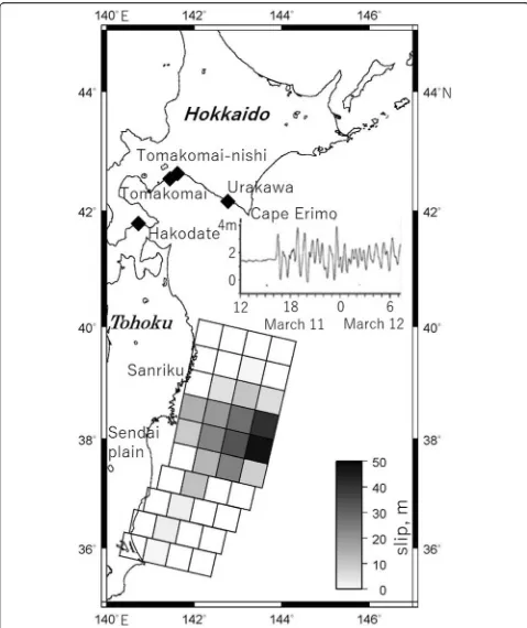 Fig. 1 The slip distribution of the 2011 Tohoku-oki earthquake (Fujii et al. 2011) used to compute tsunamis in this study
