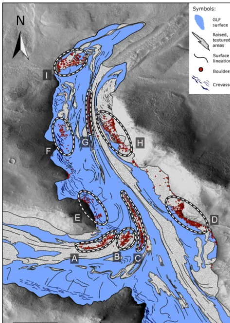 Figure 9. Geomorphological map and interpretation of boulderclusters A–I located on the surface of GLF #498, illustrated inFig