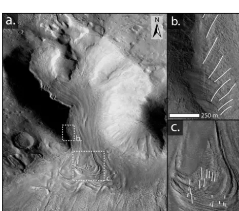 Figure 6. CTX image of crevassed GLF #1054, located in eastern Hellas (Fig. 5a) (a), along with its geomorphological interpretation (b)and expansions of two crevasse sets (c and d).