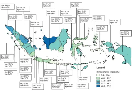 Figure 1 The distribution of the sample and the percentage of the farmer who experienced the effect of CC for each province in Indonesia