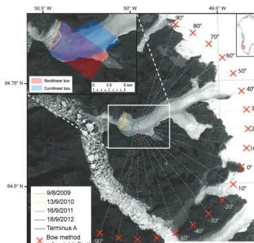 Fig. 4. Location map of Narssap Sermia showing the reference points used in the bow method indicated by the red crosses, and theirassociated offsets from a semi-arbitrary 08 position centred on terminus A