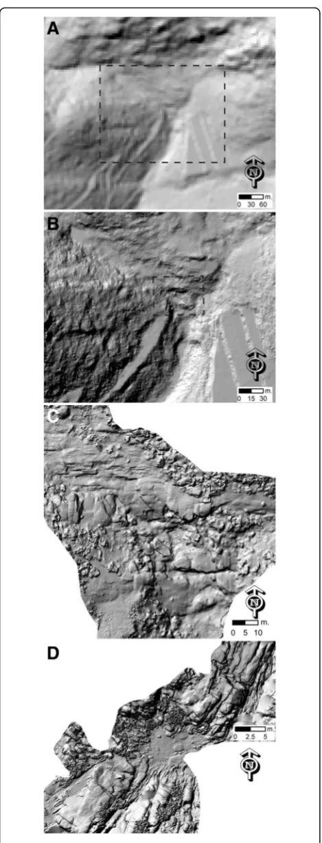 Fig. 2 Hillshade DEM obtained from ALS data, with spatialarea infrom marked areas inresolution of 0.05 m