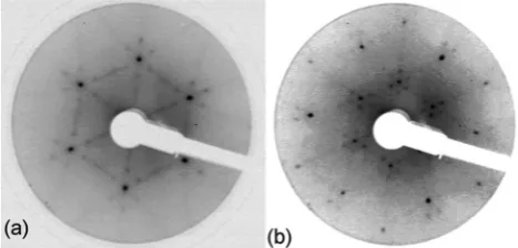Fig. 5SnPt(111) alloy recorded at 44 eV (a) and 90 eV (b). Water was dosed43the�3ﬃﬃﬃ 4pﬃﬃﬃ3R30� LEED pattern for 3.9 layers of water adsorbed onpﬃﬃﬃ�p�at 135 K.