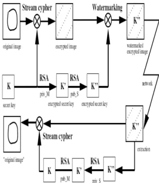 Figure 3: Combination of public key encryption, secret key encryption, and  watermarking 