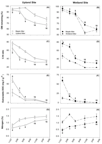 Figure 2. Temporal patterns for litter quality variables associated with the decomposition of maple litter (circles), native upland litter (down triangles), or native wetland litter (up trian- gles)