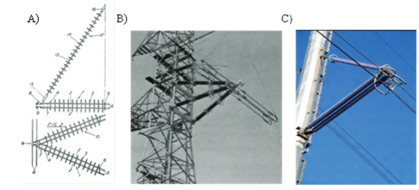 Figure 1. dimensional cross-arm  (side and  plan view) from [2]. B) a 345 kV implementation in Japan using ceramic technologies [1] 