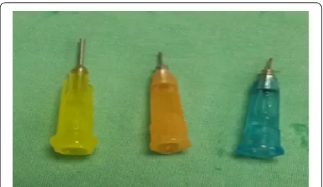Fig. 4 Alcon VFC Pac silicone oil injection cannulas: left—20ga (yel‑low), middle—23ga (orange), right—25ga (blue)