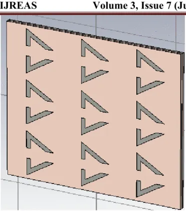 Figure 6. Rectangular microstrip patch antenna with proposed metamaterial structure.  Simulation    result    of   Return  loss    and     bandwidth  of  Rectangular  microstrip    patch    antenna   loaded   with  metamaterial   structure is shown in Fig 