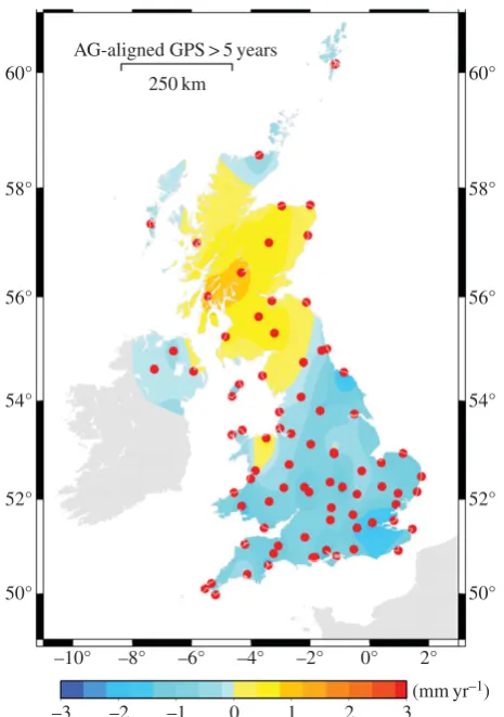 Figure 8. Estimate of the vertical land motion across the UK derived from a GNSS solution provided by the NERC British Islescontinuous GNSS Facility (BIGF)