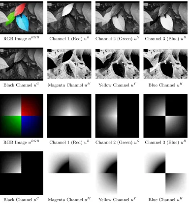 Figure 2.5: Illustration of the RGB and CYMK colour channels for two images. Fromtop to bottom, we show 1) Colour image and RGB channels of the Leaves image;2) CMYK channels of the Leaves image; 3) Colour image and RGB Channels of theColourball image; 4) CMYK channels of the Colourball image.