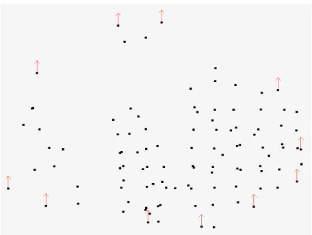 Fig. 3: An example of frontier point extraction showing the downsampled point-cloud and the frontier points (red arrows)