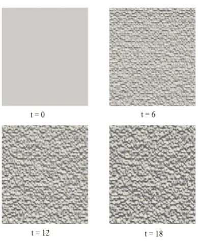 Figure 2. The evolution of the surface roughness dur-ing the etching time caused by isotropic etching of a nanocomposite material composed of two phases with the ratio of the etch rates is s = 2 and the abundance of one phase is p = 0.5