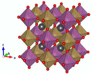 Figure 3 Crystal structure of Pb(Sc0.5Ta0.5)O3 perovskite8 where Sc (purple) and Ta (brown) occupy the 6 coordinate octahedral B-sites and Pb (dark grey) occupy the 12 coordinate A sites, with oxygen atoms shown in red