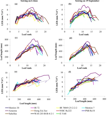 Figure 5. Behavior of the maximum leaf elongation rate (LER) ((a) and (b)) and of the leaf blade length ((c) and (d)) on the main stem through increasing leaf rank and the interaction between these two traits ((e) and (f)) for all leaves before the appeara