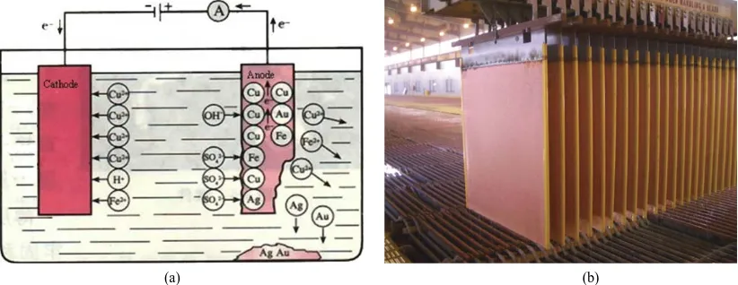 Figure 1. Principle for copper refining process and cathode plate. (a) Electrolytic copper refining process; (b) Stainless steel permanent cathode plates
