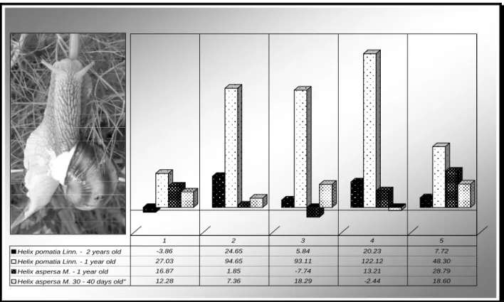 Figure 6. - Relative growing rate dynamics of Helix pomatia and Helix aspersa under different feeding regimes 