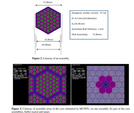 Figure 3. Cutaway of assembly array in the core simulated by MCNPX: (a) one assembly (b) part of the core assemblies, buffer region and target