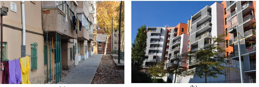 Figure 4. Trinitat Nova. (a) Housing pending demolition; (b) New homes. Source: authors (November 2017) 