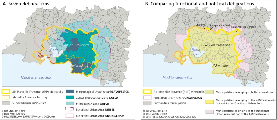 Figure 5: Compared delineations of Aix-en-Provence – Marseilles urban area 
